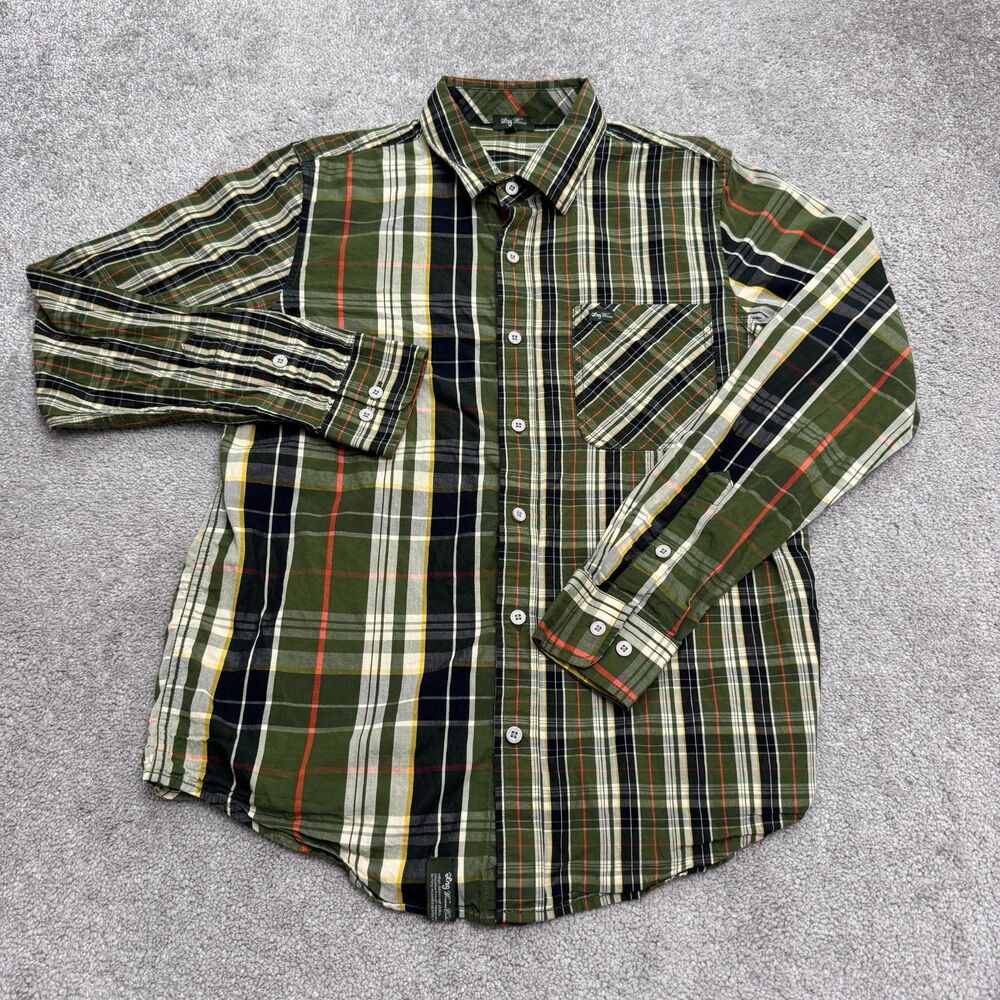 LRG Cotton Long Sleeve Button Down Shirt Mens Small Olive Green Plaid Casual Top